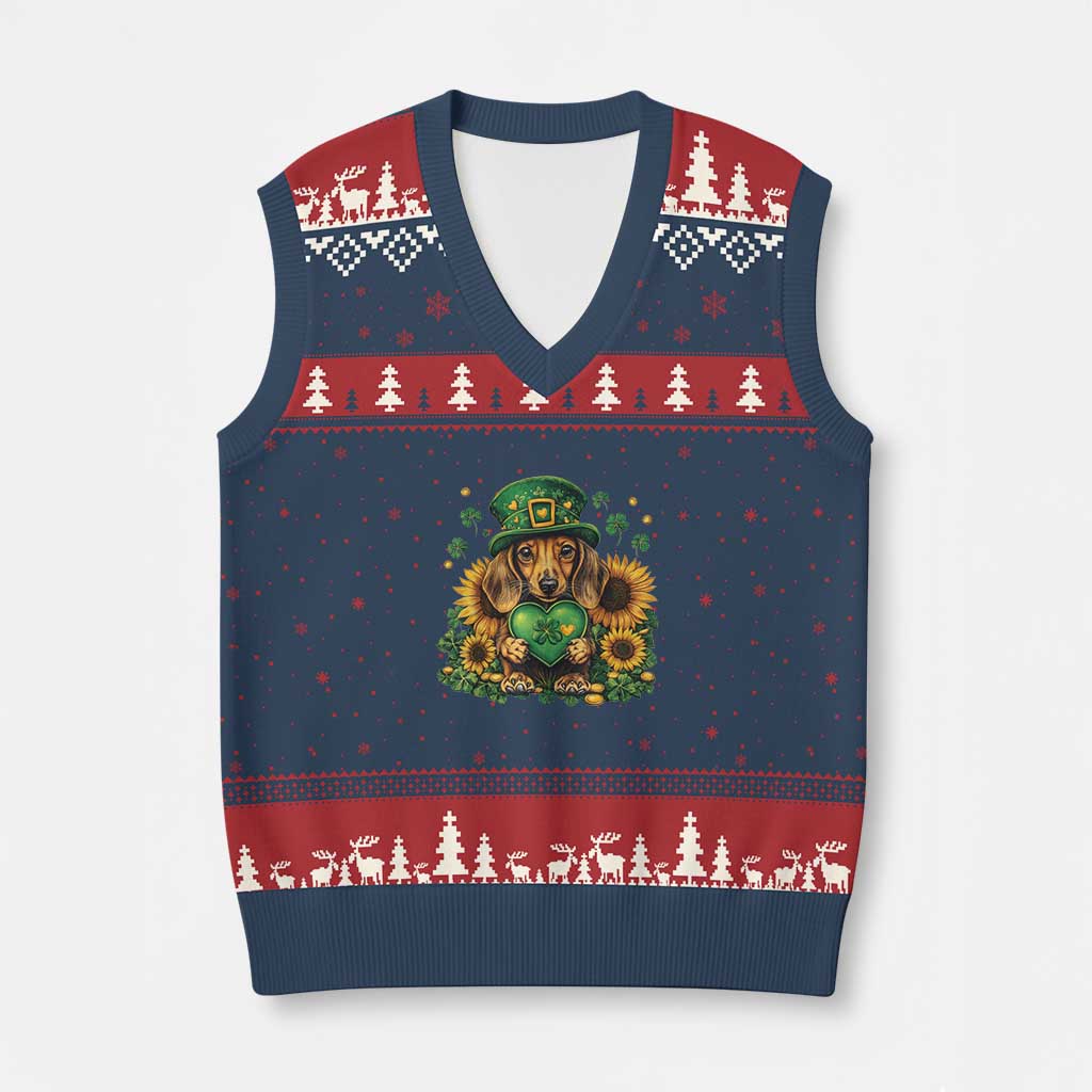 Cute Dachshund Leprechaun V-Neck Knit Sweater Vest Shamrock St. Patrick's Day Dog Lover - Wonder Print Shop