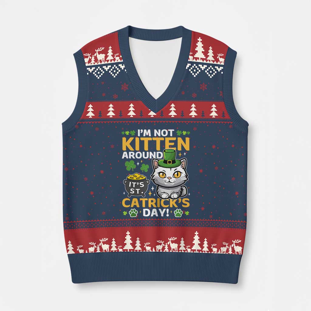 Cute Cat Leperchaun V-Neck Knit Sweater Vest I’m Not Kitten Around Catrick's Day St Patricks - Wonder Print Shop