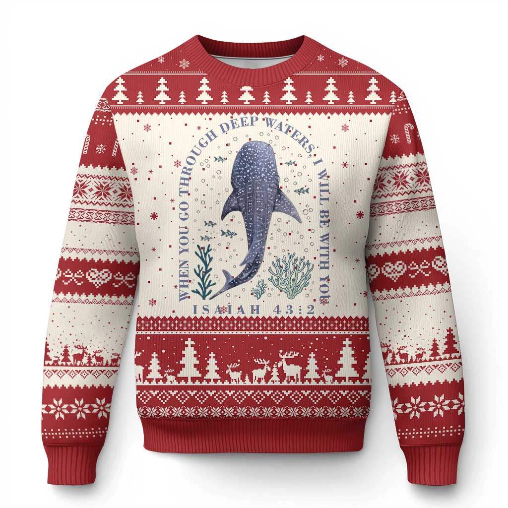 Inspirational Christian Bible Verse Isaiah 43:2 Whale Shark Ugly Christmas Sweater When You Go Through Deep Waters I Will Be With You