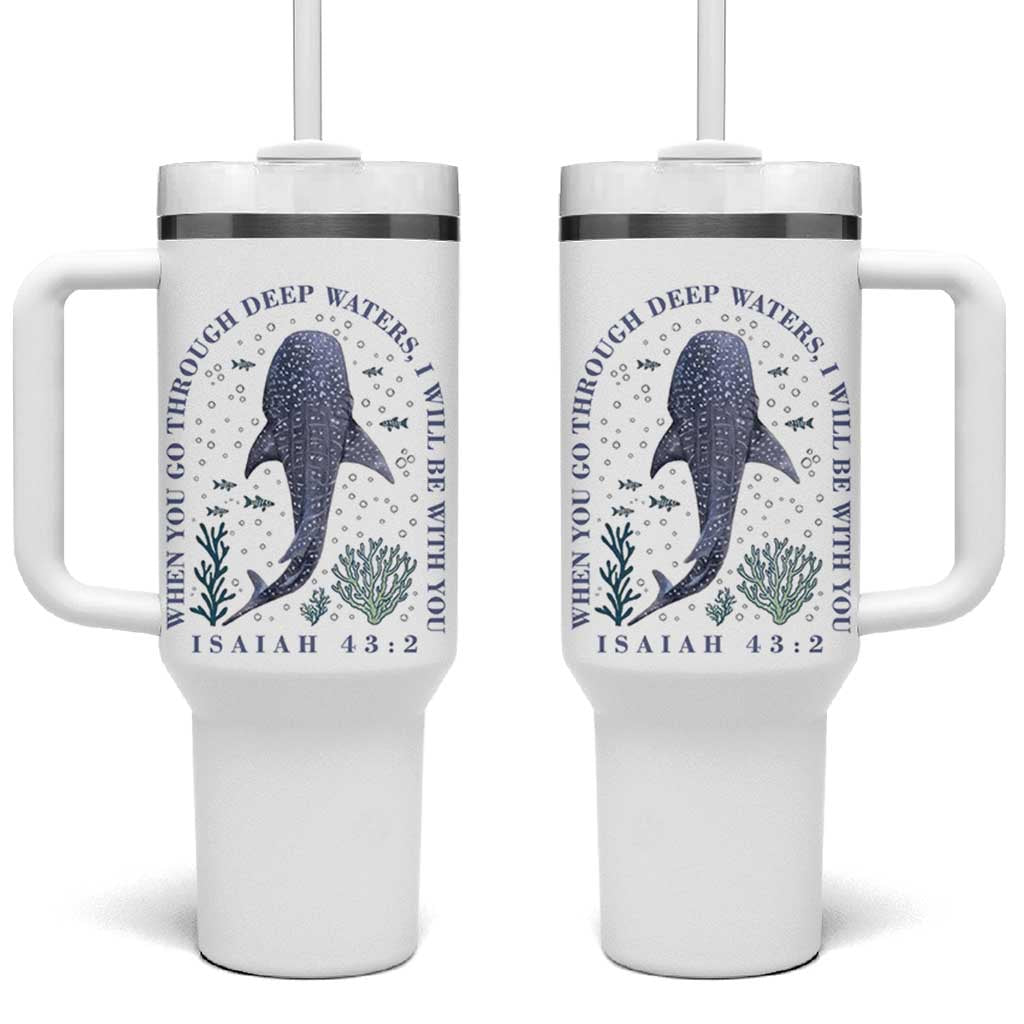 Inspirational Christian Bible Verse Isaiah 43:2 Whale Shark Tumbler With Handle When You Go Through Deep Waters I Will Be With You