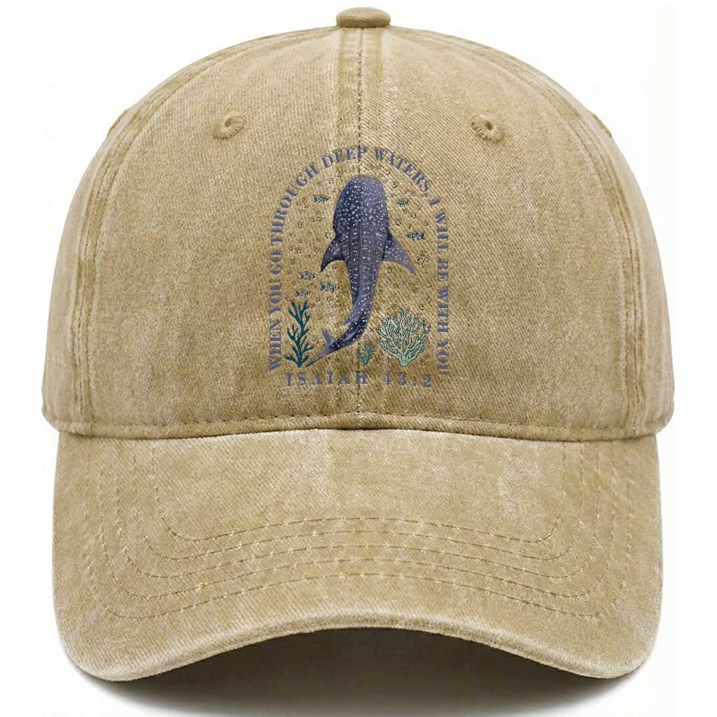 Inspirational Christian Bible Verse Isaiah 43:2 Whale Shark Washed Cotton Baseball Cap When You Go Through Deep Waters I Will Be With You