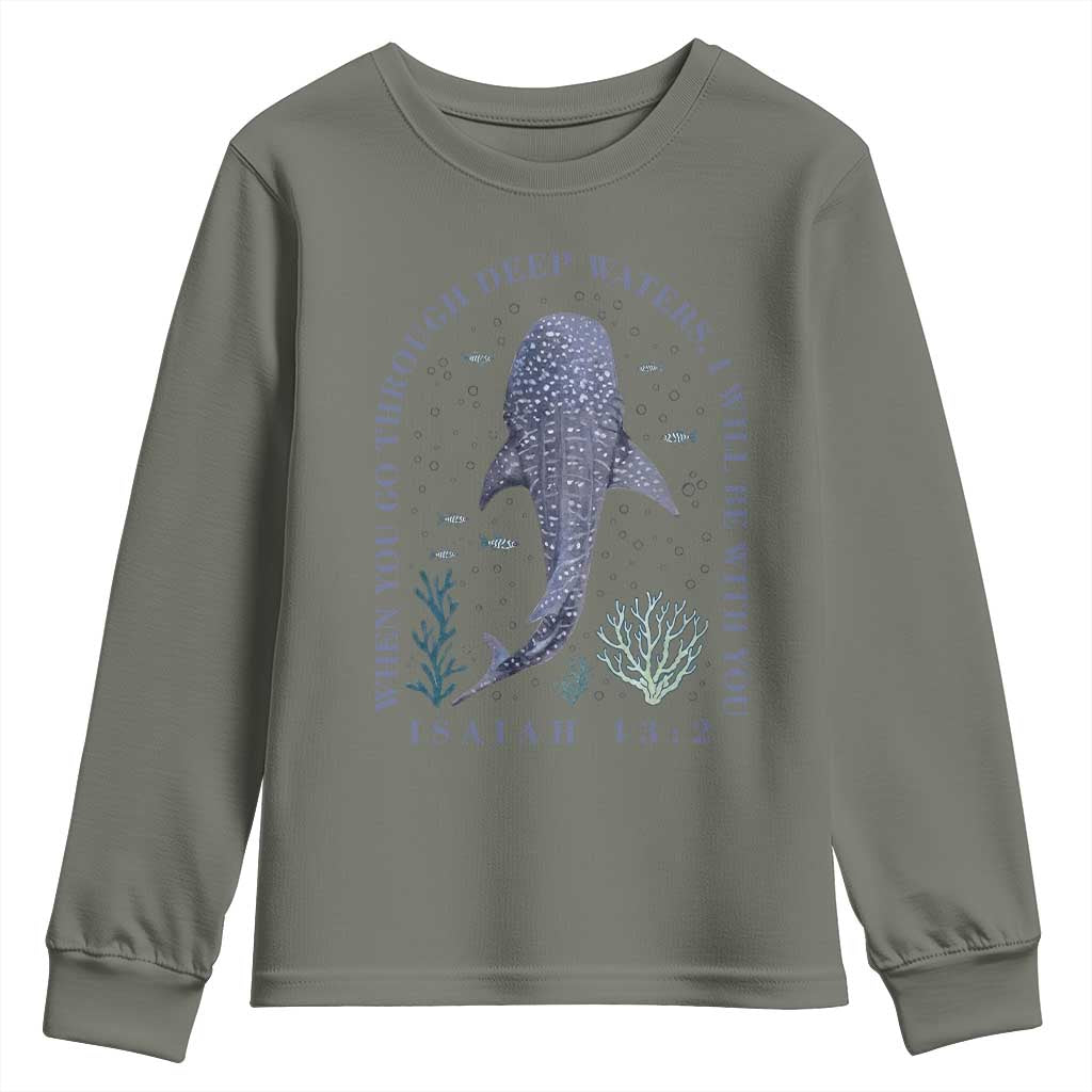 Inspirational Christian Bible Verse Isaiah 43:2 Whale Shark Youth Sweatshirt When You Go Through Deep Waters I Will Be With You