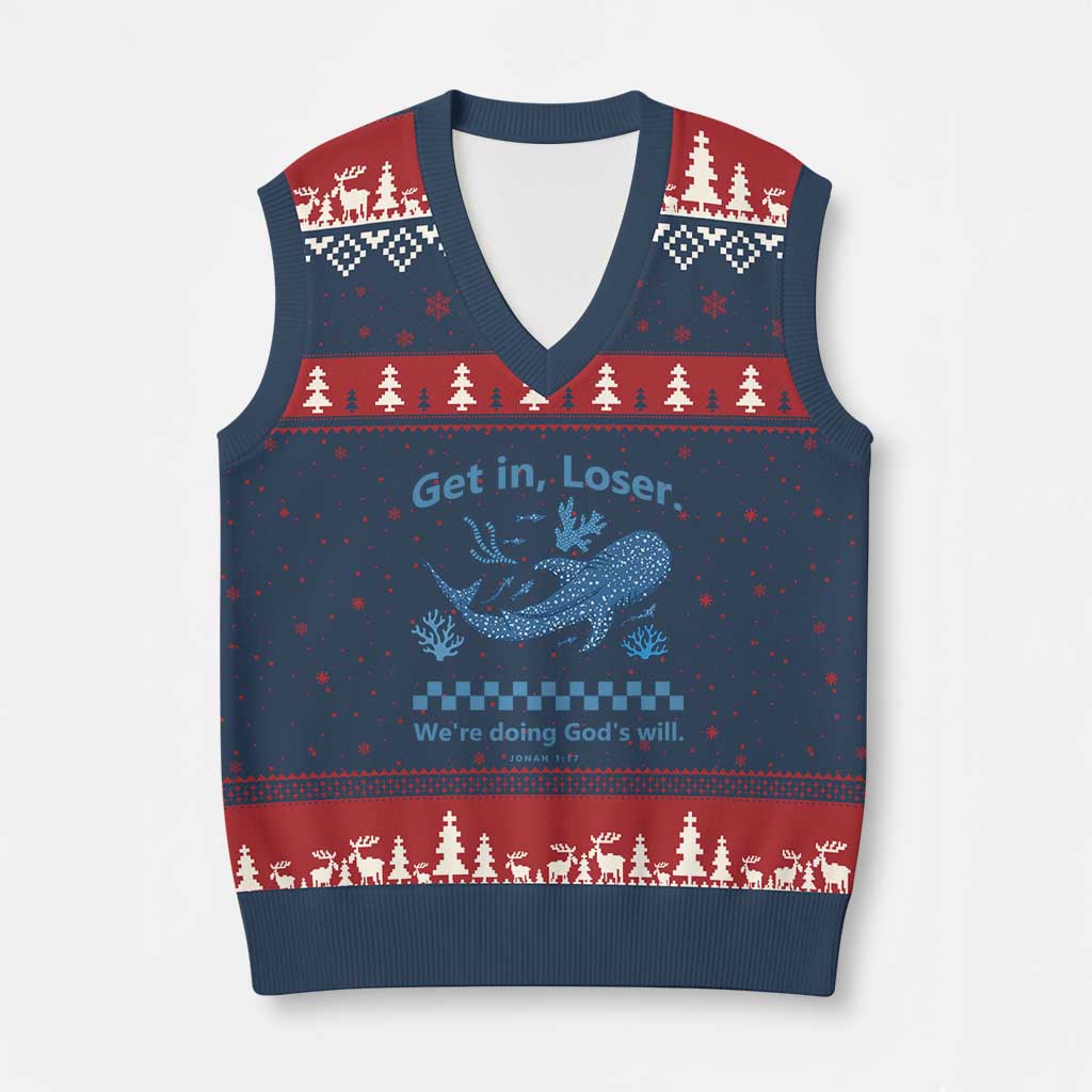 Funny Whale Shark Christian Bible Jonah 1:17 V-Neck Knit Sweater Vest Get In Loser We're Doing God's Will