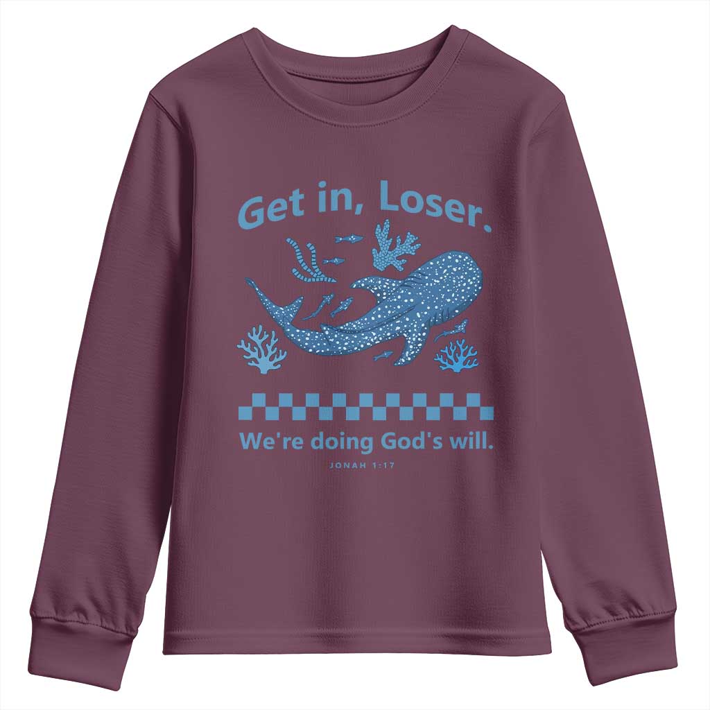 Funny Whale Shark Christian Bible Jonah 1:17 Youth Sweatshirt Get In Loser We're Doing God's Will