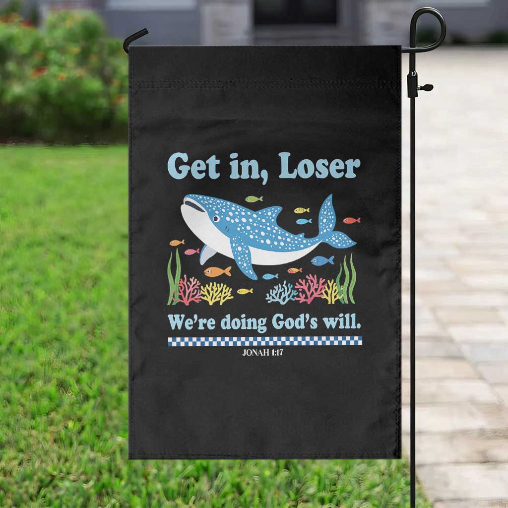Colorful Whale Shark Christian Bible Jonah 1:17 Garden Flag Funny Get In Loser We're Doing God's Will