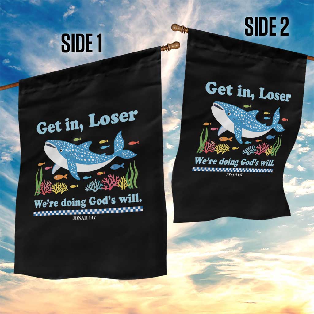 Colorful Whale Shark Christian Bible Jonah 1:17 Garden Flag Funny Get In Loser We're Doing God's Will