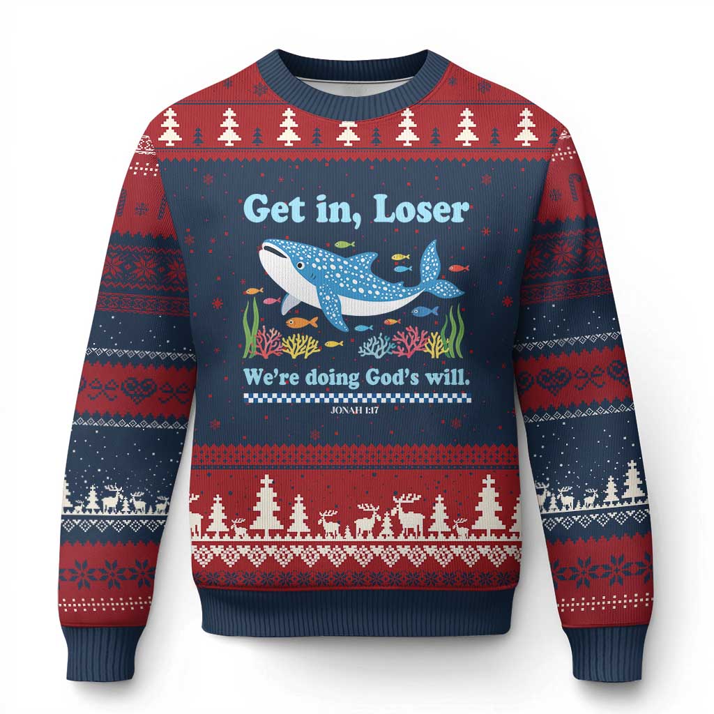 Colorful Whale Shark Christian Bible Jonah 1:17 Ugly Christmas Sweater Funny Get In Loser We're Doing God's Will