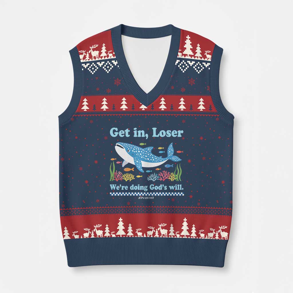 Colorful Whale Shark Christian Bible Jonah 1:17 V-Neck Knit Sweater Vest Funny Get In Loser We're Doing God's Will