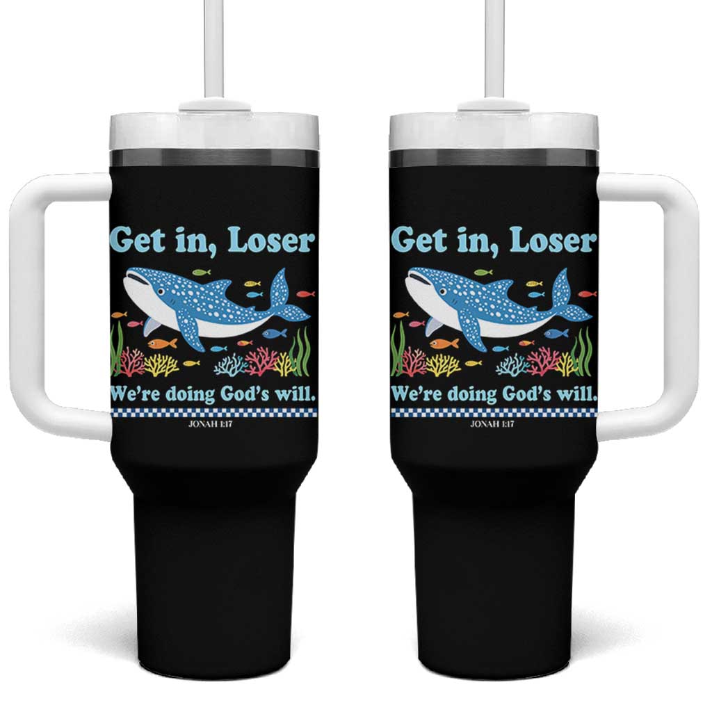 Colorful Whale Shark Christian Bible Jonah 1:17 Tumbler With Handle Funny Get In Loser We're Doing God's Will