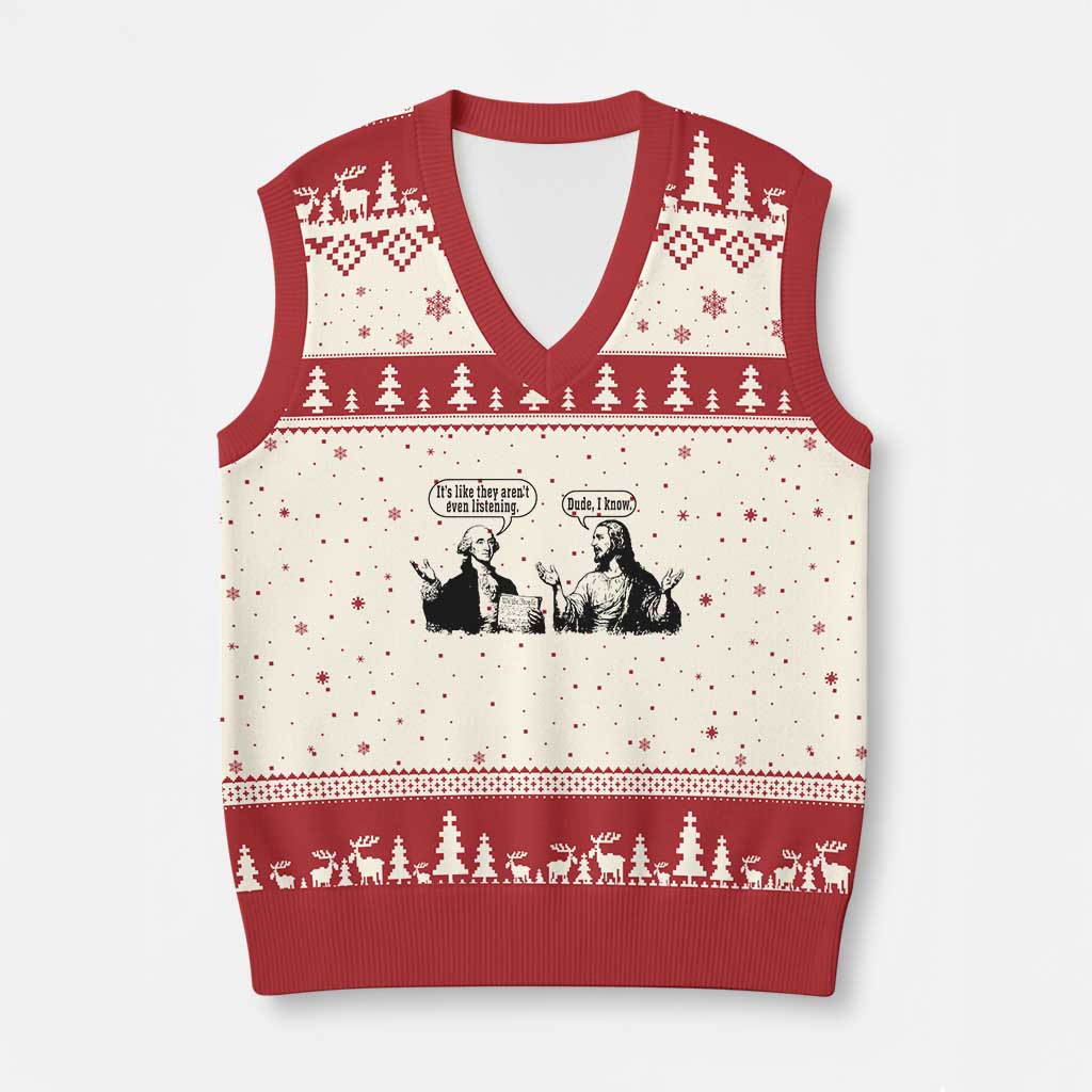 Funny George Washington and Jesus Conversation V-Neck Knit Sweater Vest Dude I Know Founding Values and Faith Political Commentary
