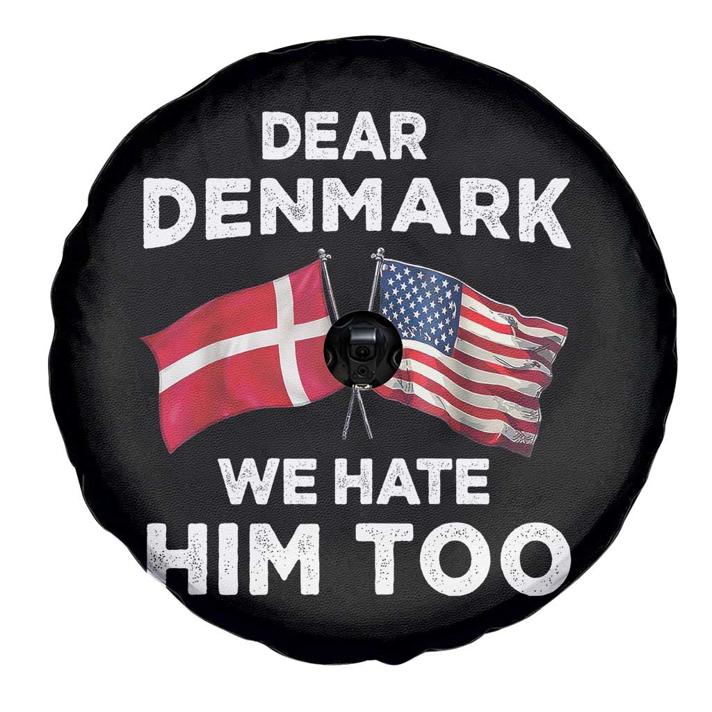 Dear Denmark We Hate Him Too Spare Tire Cover Funny Political Satire with US and Danish Flags