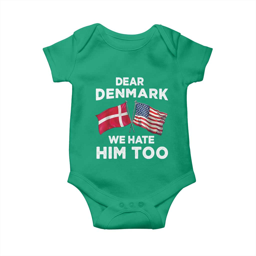 Dear Denmark We Hate Him Too Baby Onesie Funny Political Satire with US and Danish Flags