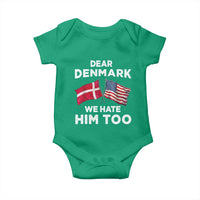 Dear Denmark We Hate Him Too Baby Onesie Funny Political Satire with US and Danish Flags