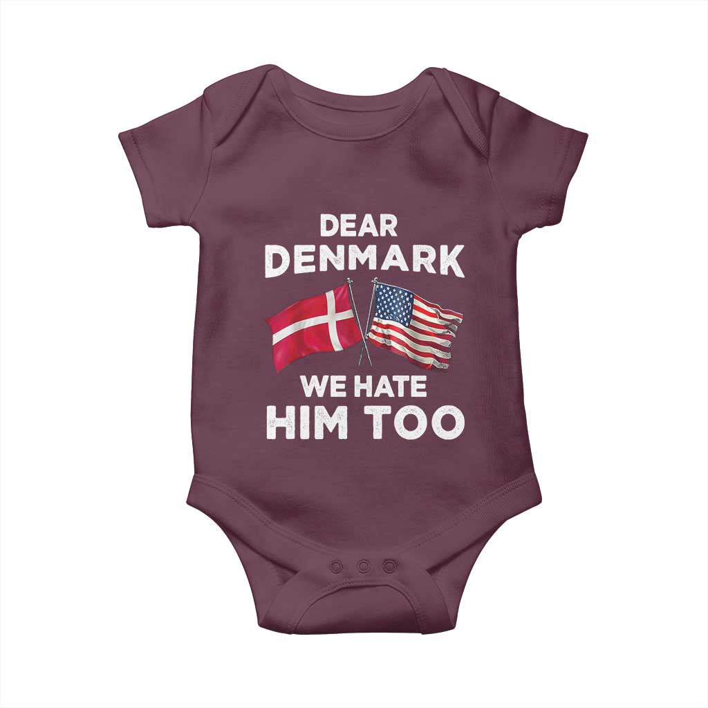 Dear Denmark We Hate Him Too Baby Onesie Funny Political Satire with US and Danish Flags