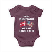 Dear Denmark We Hate Him Too Baby Onesie Funny Political Satire with US and Danish Flags