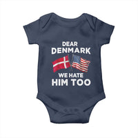 Dear Denmark We Hate Him Too Baby Onesie Funny Political Satire with US and Danish Flags