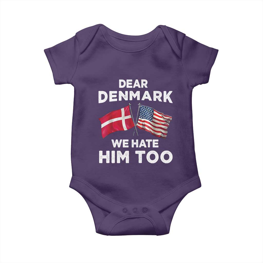 Dear Denmark We Hate Him Too Baby Onesie Funny Political Satire with US and Danish Flags
