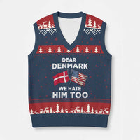 Dear Denmark We Hate Him Too V-Neck Knit Sweater Vest Funny Political Satire with US and Danish Flags