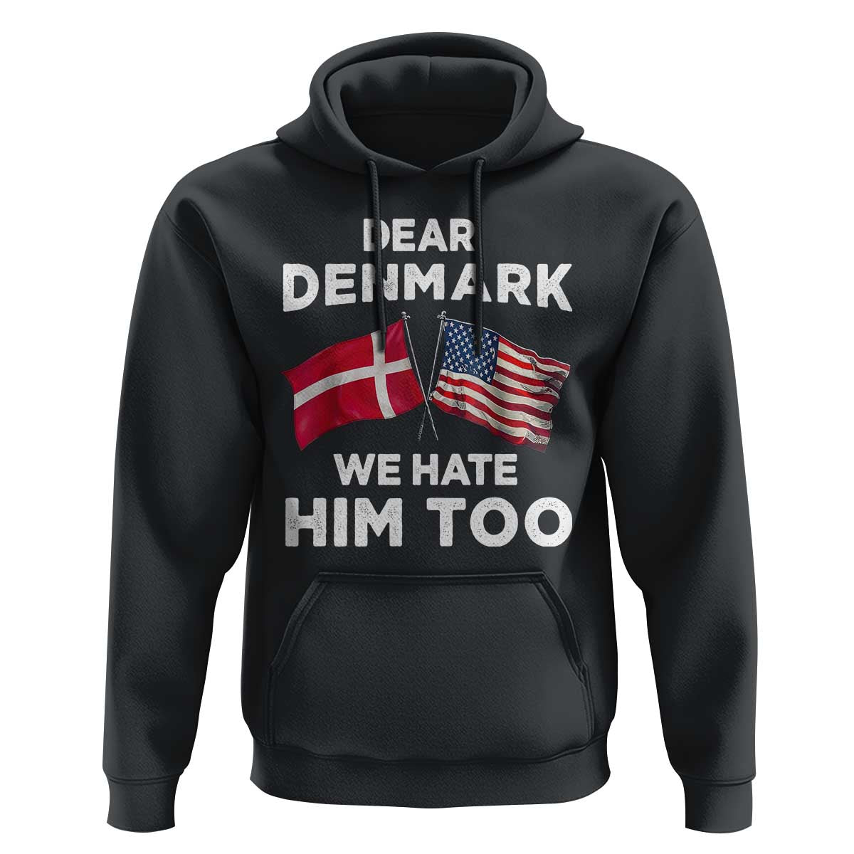 Dear Denmark We Hate Him Too Hoodie Funny Political Satire with US and Danish Flags