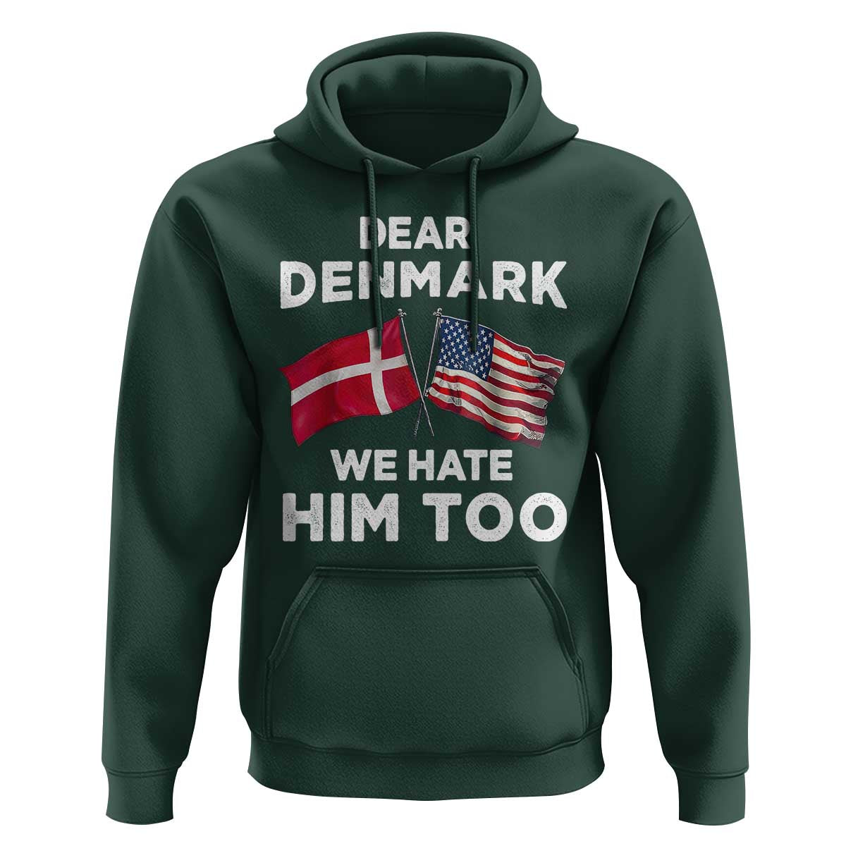 Dear Denmark We Hate Him Too Hoodie Funny Political Satire with US and Danish Flags
