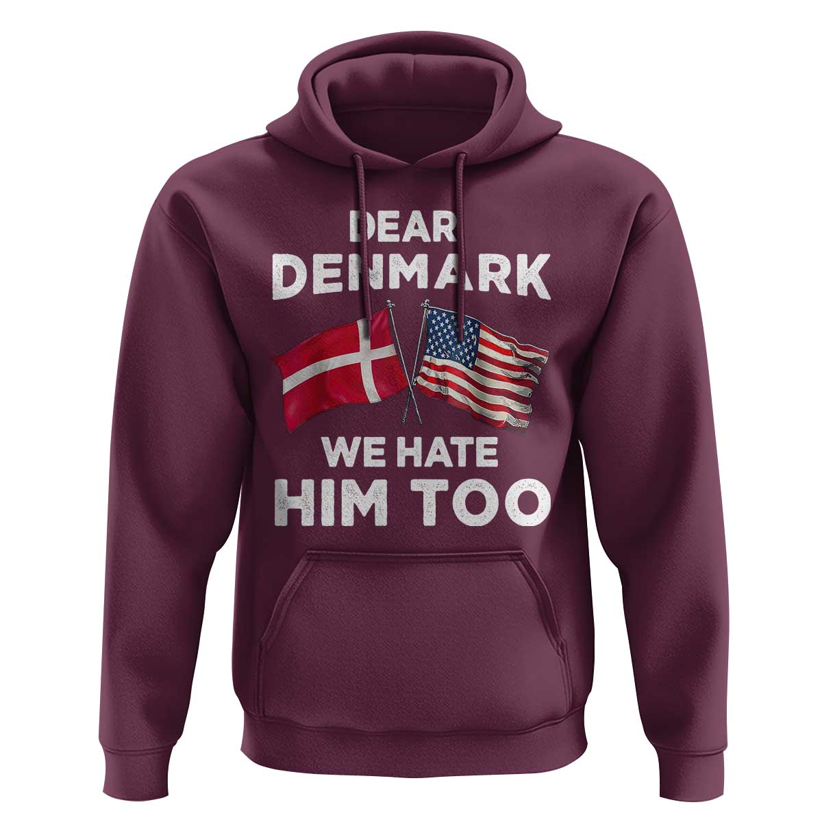 Dear Denmark We Hate Him Too Hoodie Funny Political Satire with US and Danish Flags