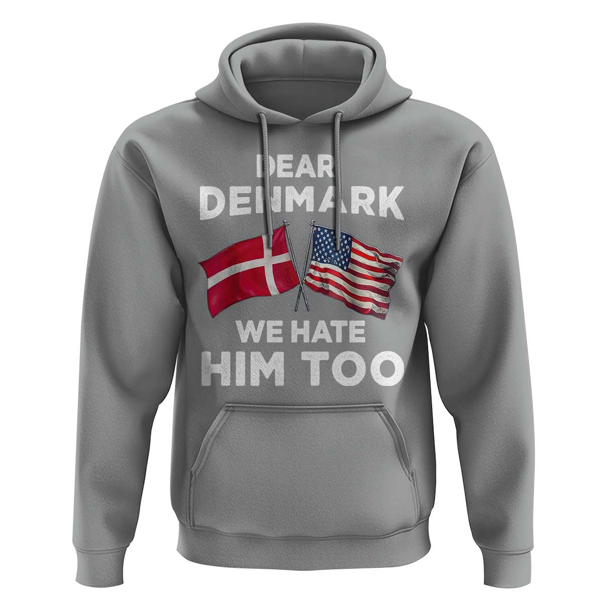 Dear Denmark We Hate Him Too Hoodie Funny Political Satire with US and Danish Flags