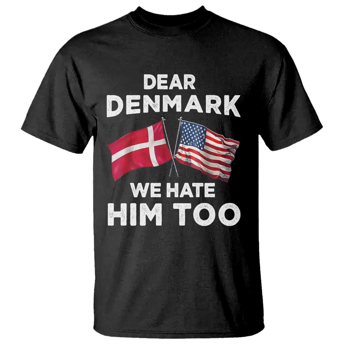 Dear Denmark We Hate Him Too T Shirt Funny Political Satire with US and Danish Flags