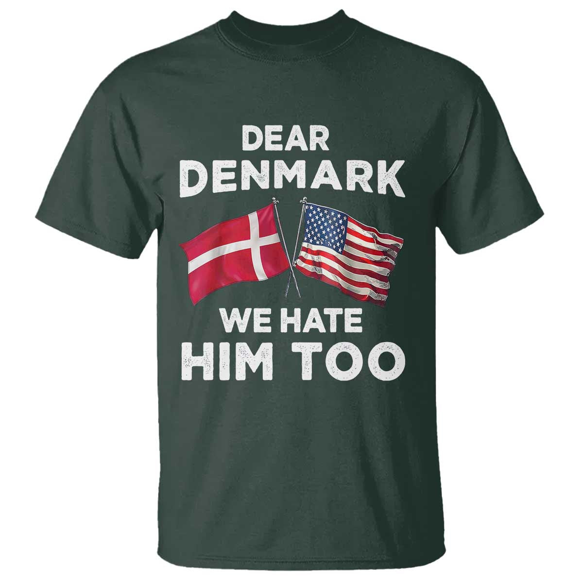 Dear Denmark We Hate Him Too T Shirt Funny Political Satire with US and Danish Flags