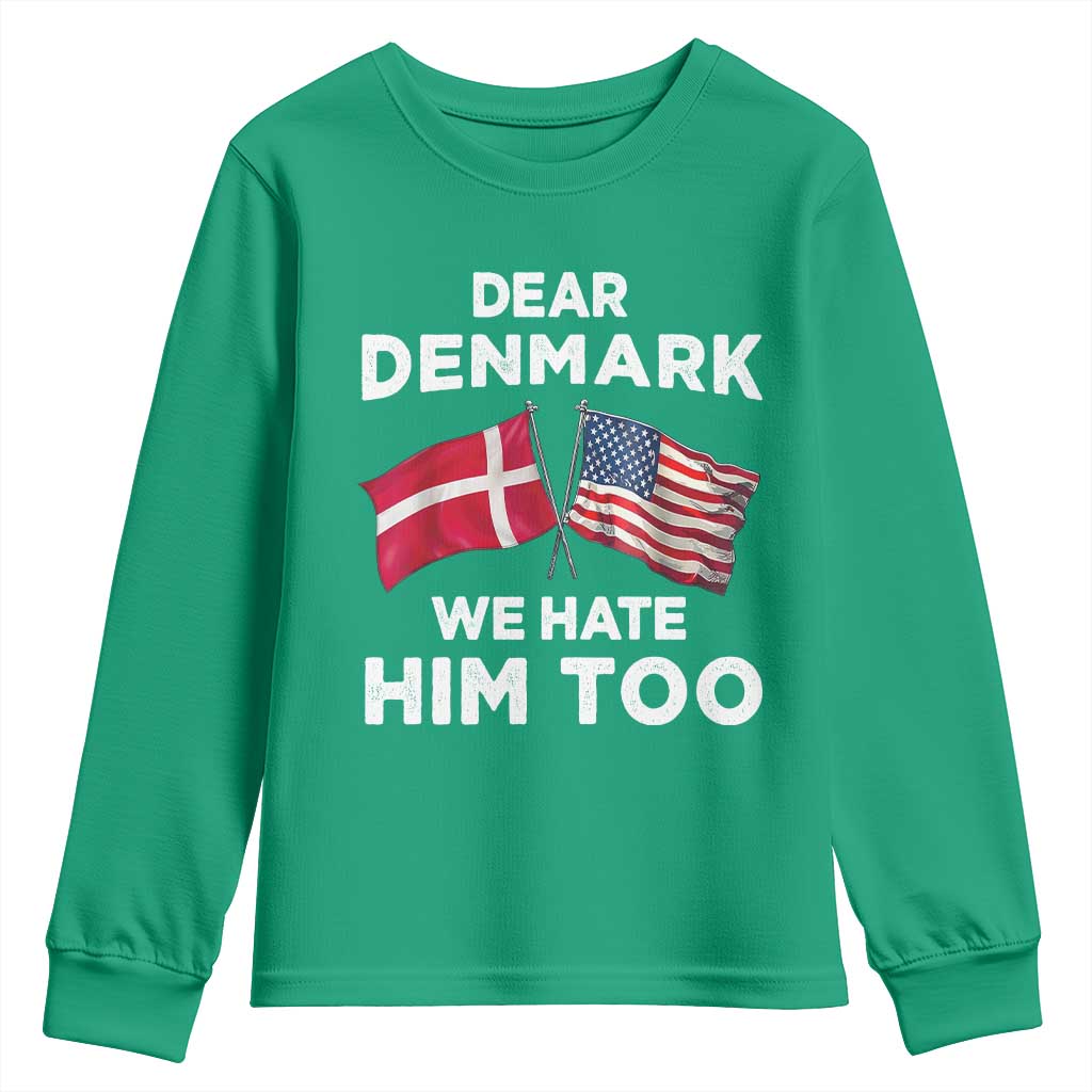 Dear Denmark We Hate Him Too Youth Sweatshirt Funny Political Satire with US and Danish Flags