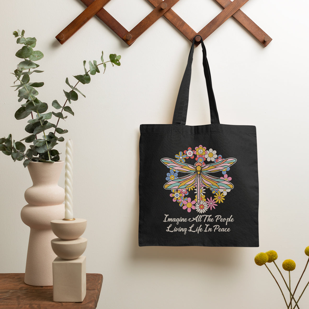Imagine All the People Living in Peace Tote Bag, Dragonfly Tote Bag, Hippie Tote Bag, Boho Style, Hippie Music Lover 70's Retro Tote Bag - Wonder Print Shop