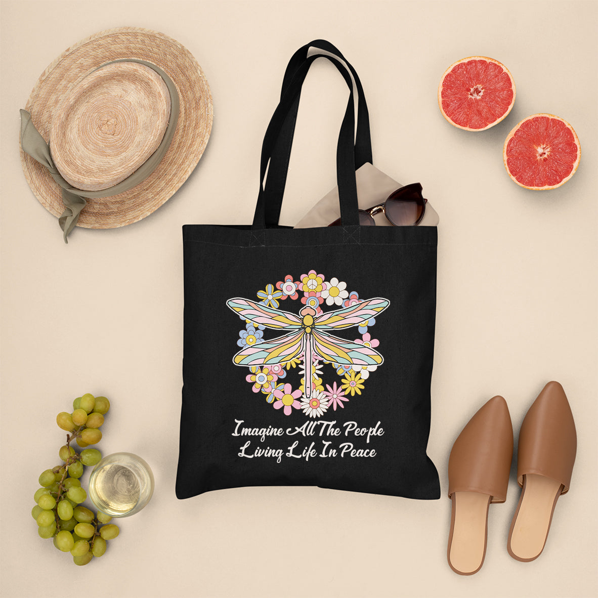 Imagine All the People Living in Peace Tote Bag, Dragonfly Tote Bag, Hippie Tote Bag, Boho Style, Hippie Music Lover 70's Retro Tote Bag - Wonder Print Shop