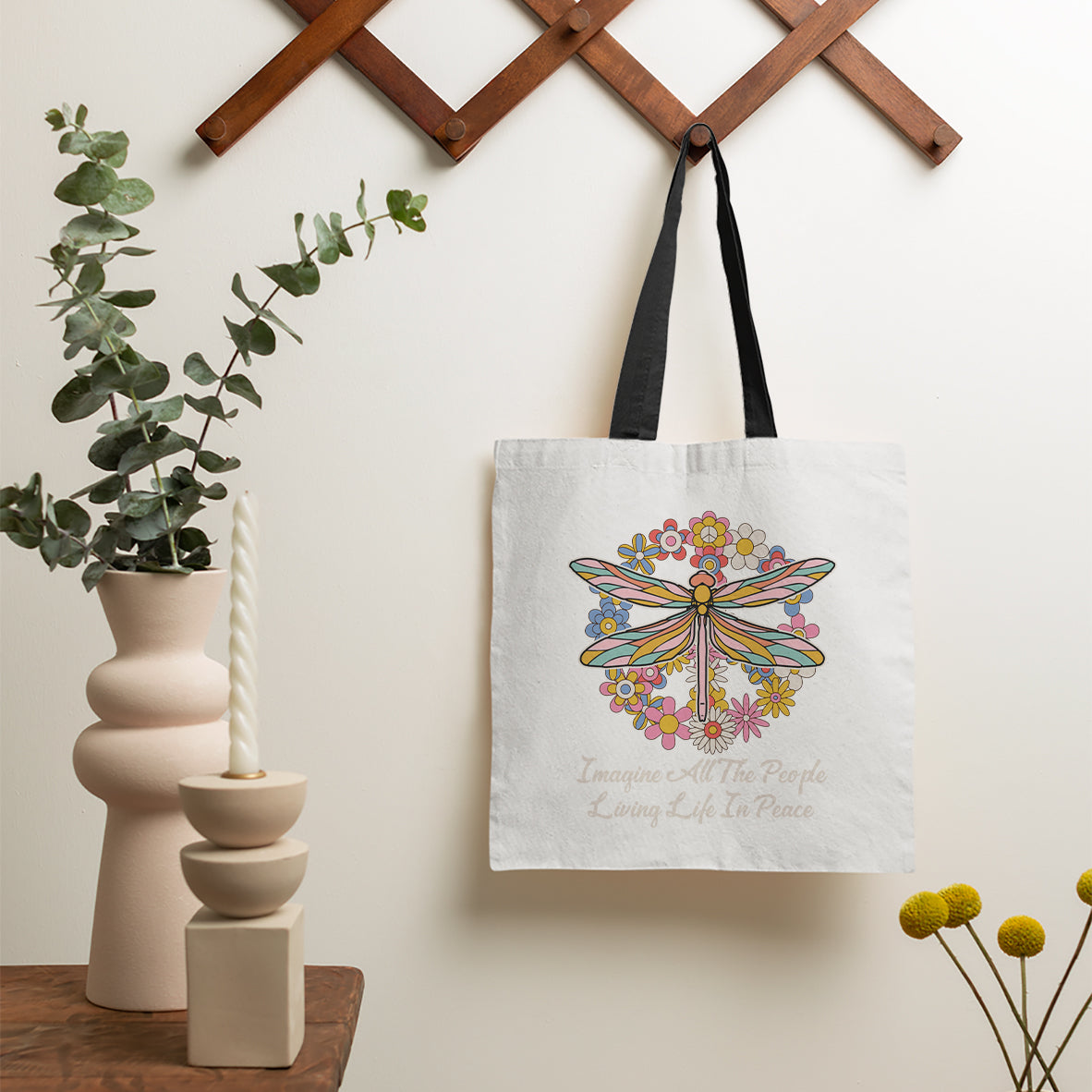 Imagine All the People Living in Peace Tote Bag, Dragonfly Tote Bag, Hippie Tote Bag, Boho Style, Hippie Music Lover 70's Retro Tote Bag - Wonder Print Shop