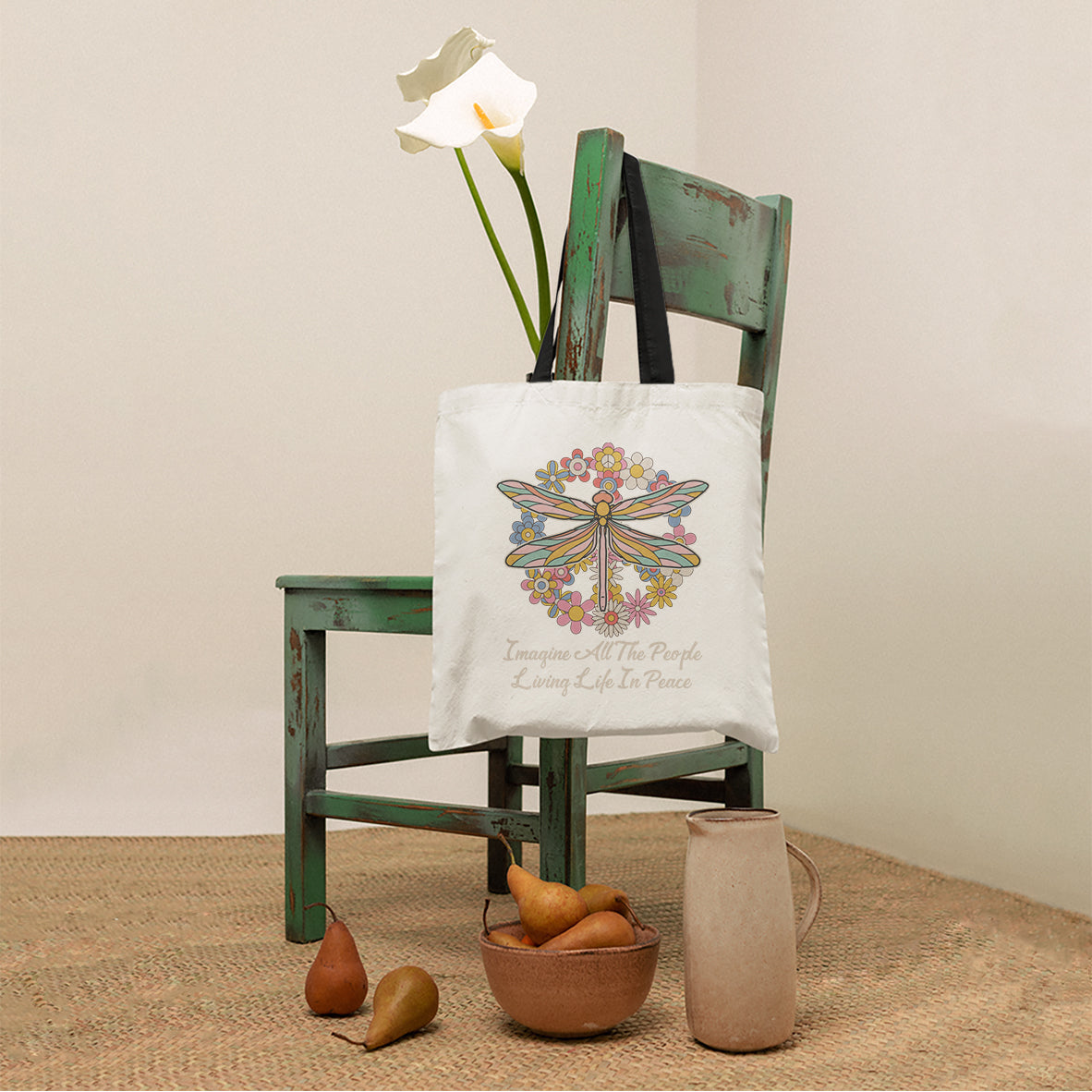 Imagine All the People Living in Peace Tote Bag, Dragonfly Tote Bag, Hippie Tote Bag, Boho Style, Hippie Music Lover 70's Retro Tote Bag - Wonder Print Shop