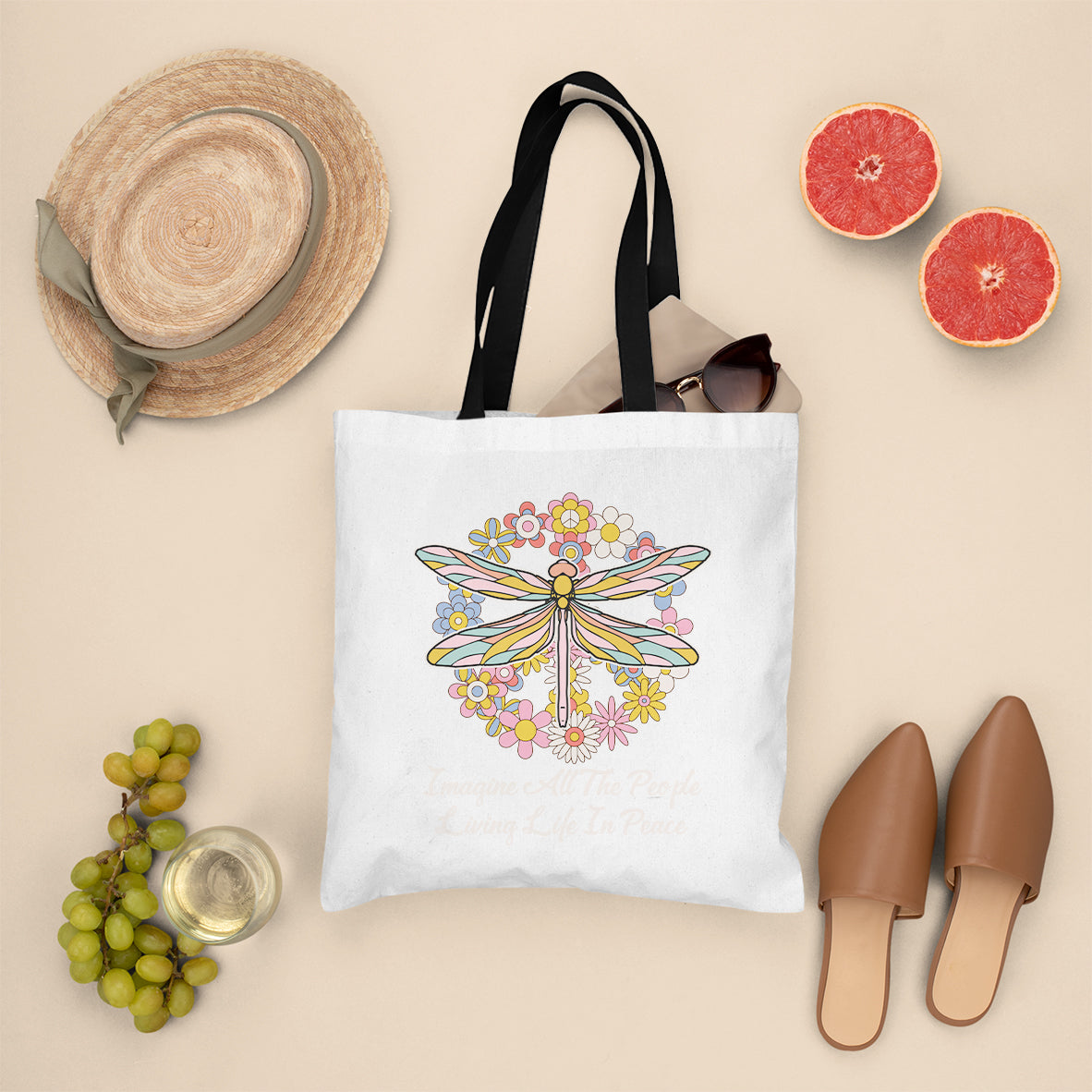 Imagine All the People Living in Peace Tote Bag, Dragonfly Tote Bag, Hippie Tote Bag, Boho Style, Hippie Music Lover 70's Retro Tote Bag - Wonder Print Shop