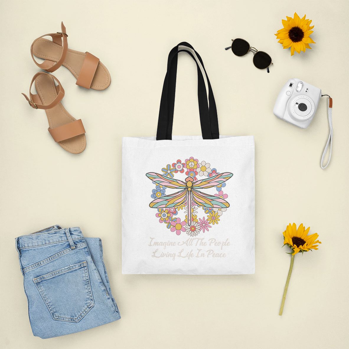 Imagine All the People Living in Peace Tote Bag, Dragonfly Tote Bag, Hippie Tote Bag, Boho Style, Hippie Music Lover 70's Retro Tote Bag - Wonder Print Shop