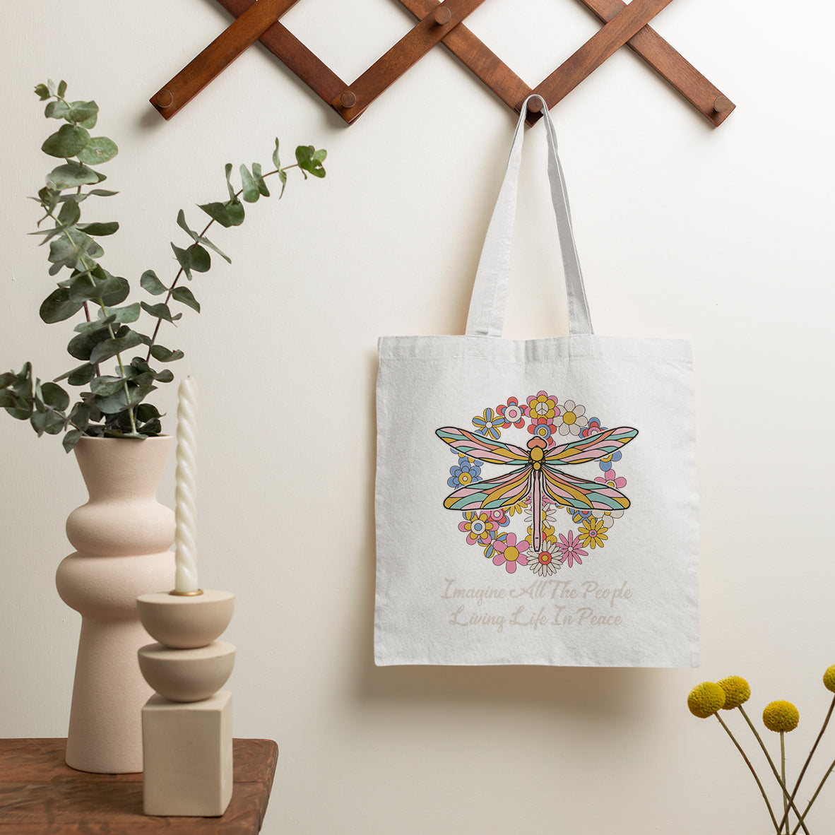 Imagine All the People Living in Peace Tote Bag, Dragonfly Tote Bag, Hippie Tote Bag, Boho Style, Hippie Music Lover 70's Retro Tote Bag - Wonder Print Shop