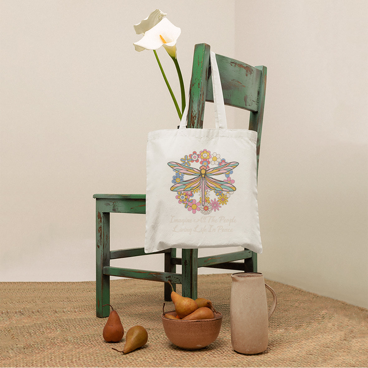 Imagine All the People Living in Peace Tote Bag, Dragonfly Tote Bag, Hippie Tote Bag, Boho Style, Hippie Music Lover 70's Retro Tote Bag - Wonder Print Shop