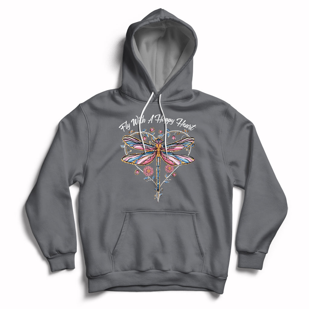 Fly With A Happy Heart Floral Dragonfly Inspirational Shirt, Dragonfly T-shirt, Dragonfly Gift, Insect Lover Shirt, Spiritual Tshirt Hoodie - Wonder Print Shop