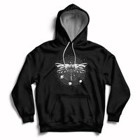 Black hoodie with front dragonfly mandala graphic, hood and kangaroo pocket.