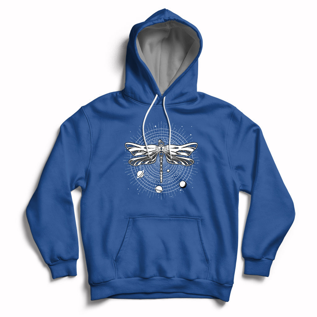 Royal blue hoodie with front dragonfly mandala graphic, hood and kangaroo pocket.