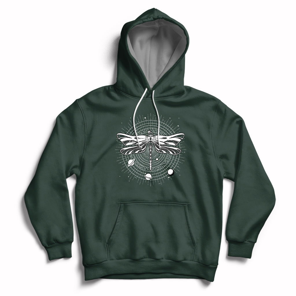 Forest green hoodie with front dragonfly mandala graphic, hood and kangaroo pocket.