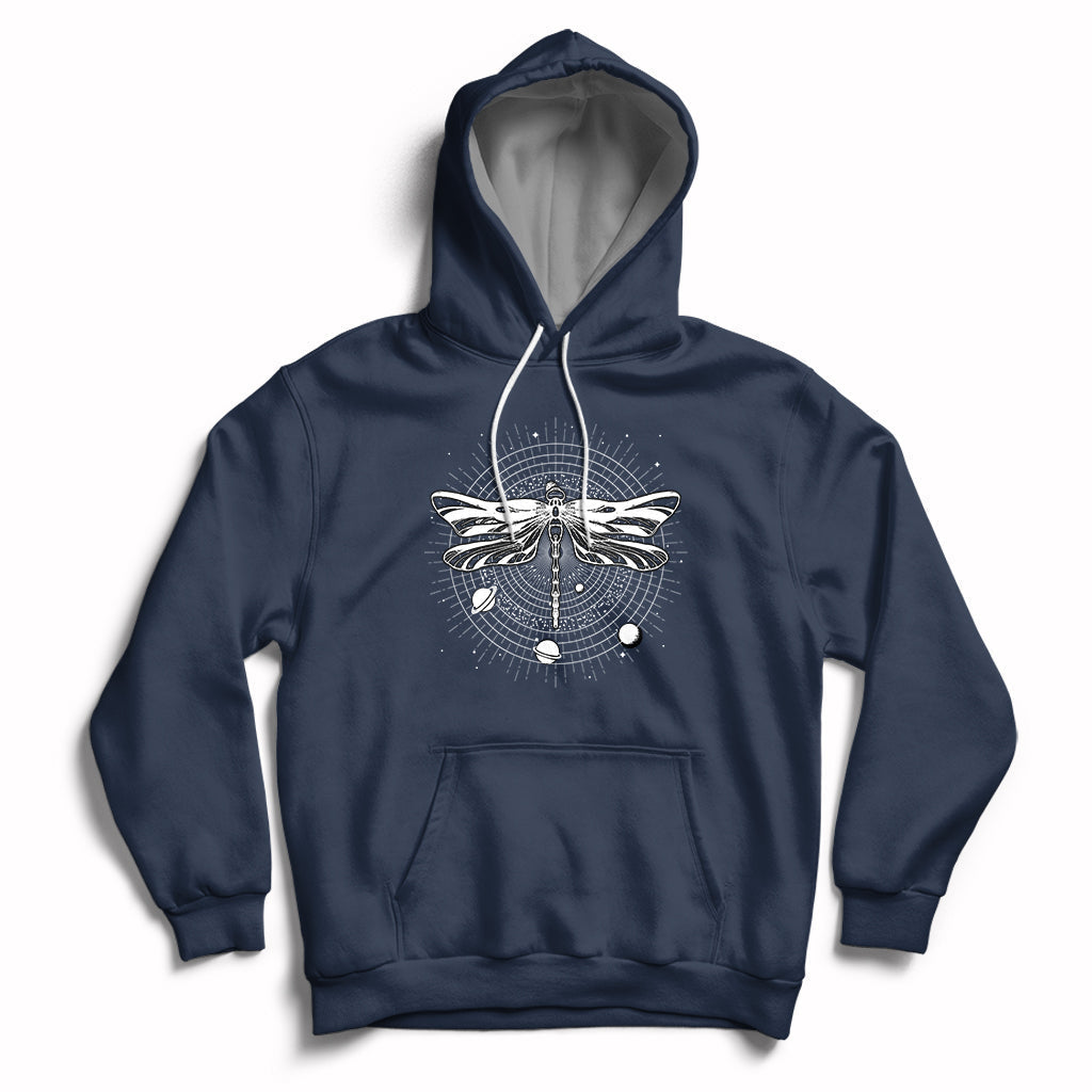 Navy hoodie with front dragonfly mandala graphic, hood and kangaroo pocket.