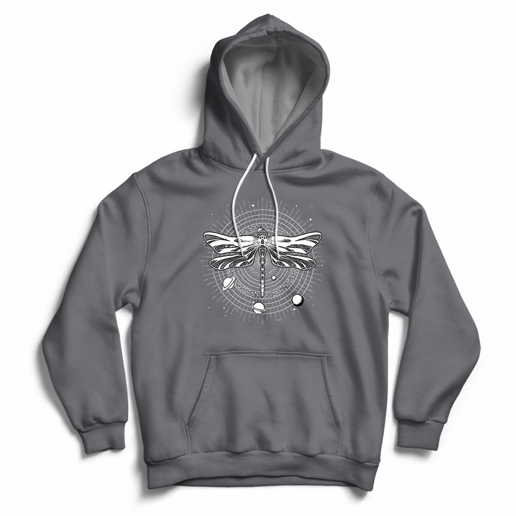 Charcoal gray hoodie with front dragonfly mandala graphic, hood and kangaroo pocket.