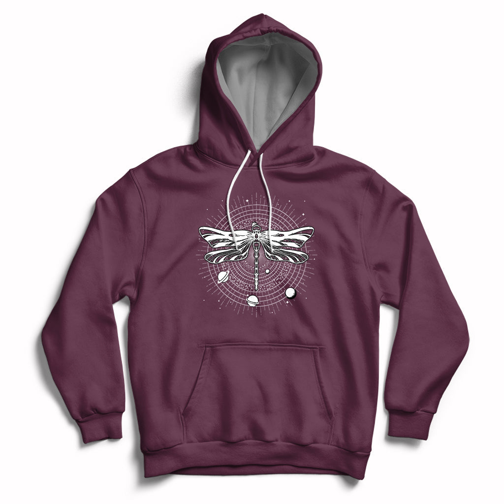 Maroon hoodie with front dragonfly mandala graphic, hood and kangaroo pocket.