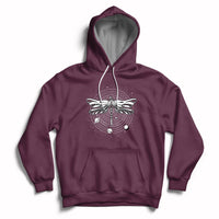 Maroon hoodie with front dragonfly mandala graphic, hood and kangaroo pocket.