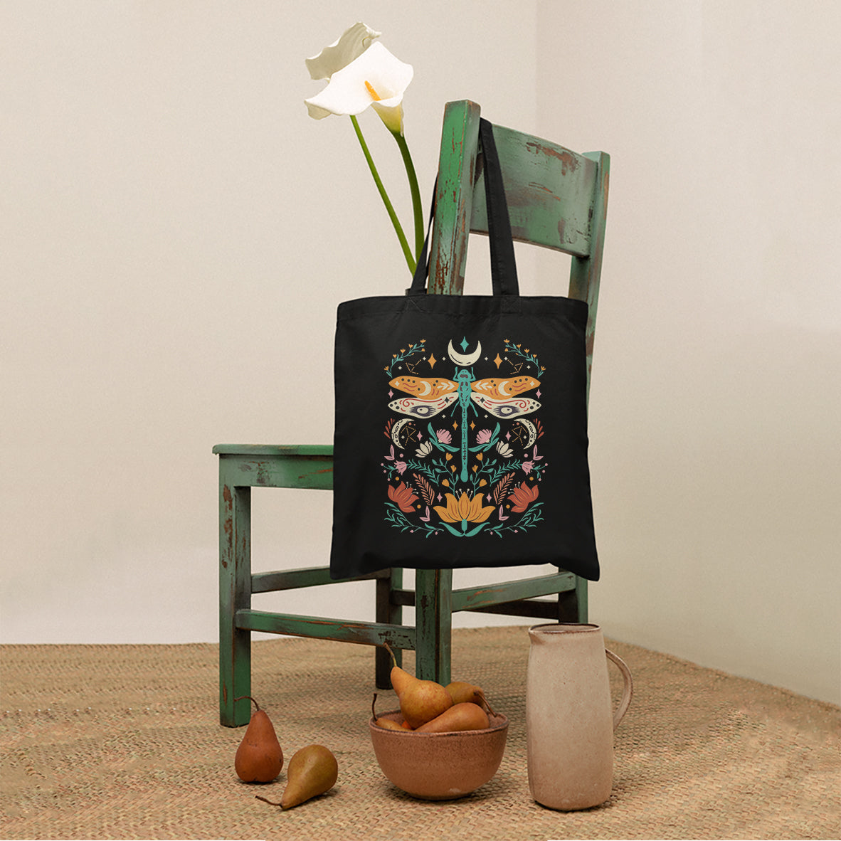 Floral Boho Dragonfly Tote Bag for Women, Scandinavian Botanical Tote Bag, Dragonfly Tote Bag, Dragonfly Gift, Nature Lover Gift Tote Bag - Wonder Print Shop