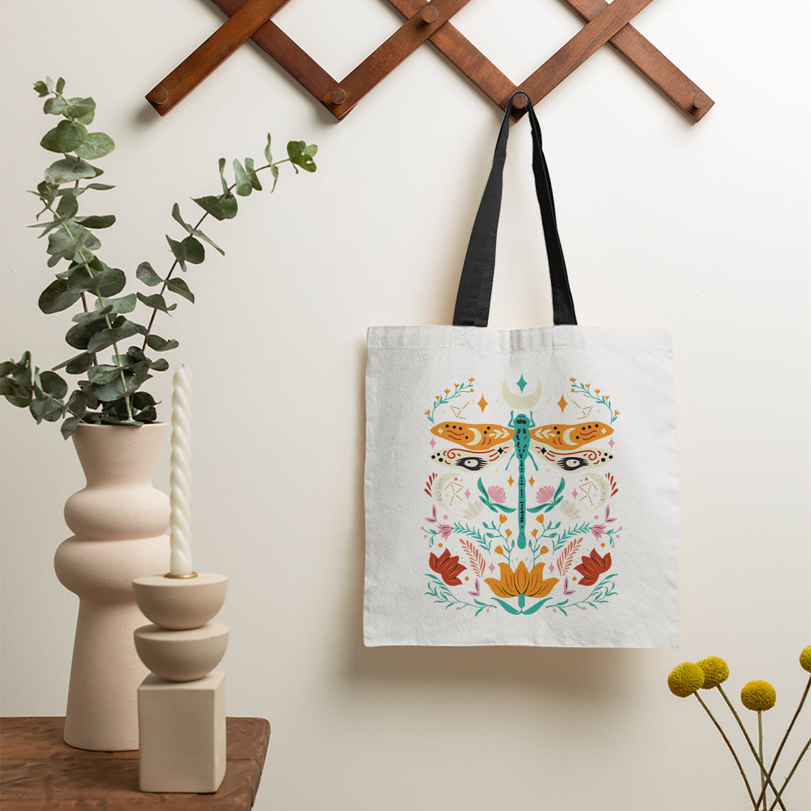 Floral Boho Dragonfly Tote Bag for Women, Scandinavian Botanical Tote Bag, Dragonfly Tote Bag, Dragonfly Gift, Nature Lover Gift Tote Bag - Wonder Print Shop