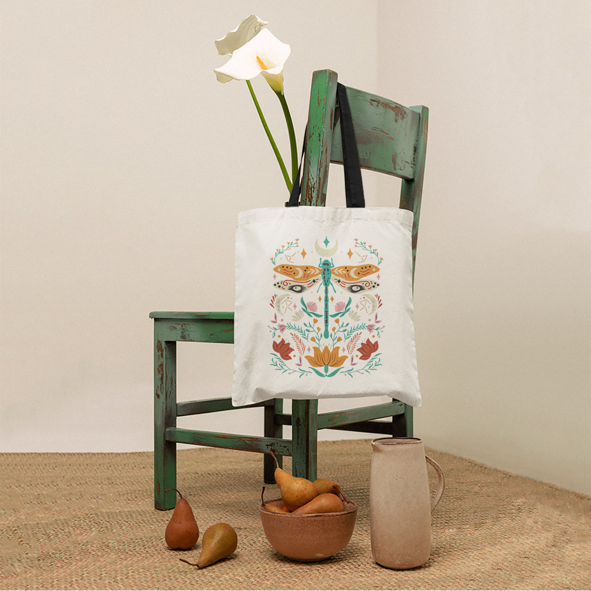 Floral Boho Dragonfly Tote Bag for Women, Scandinavian Botanical Tote Bag, Dragonfly Tote Bag, Dragonfly Gift, Nature Lover Gift Tote Bag - Wonder Print Shop