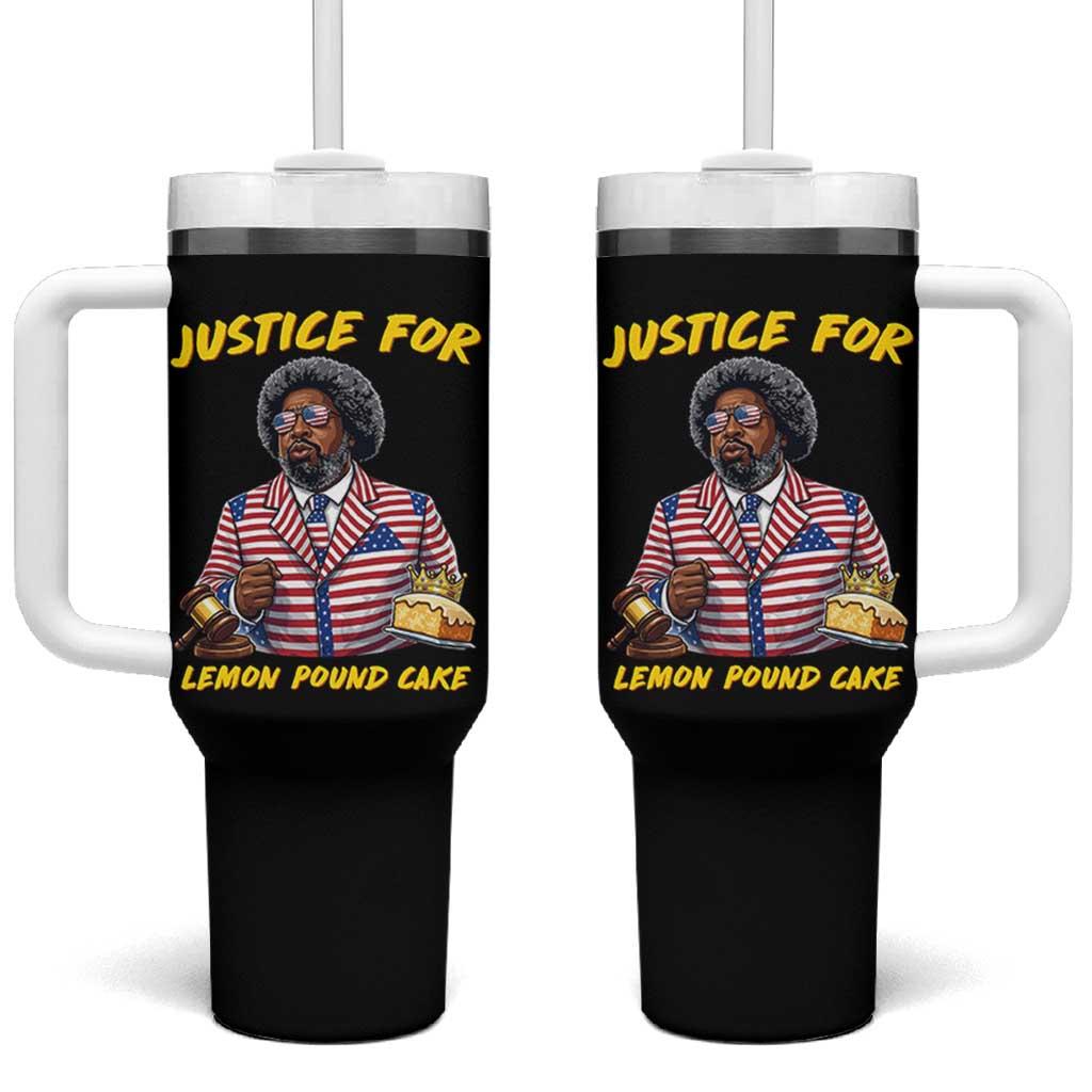 Justice for Lemon Pound Cake Funny Viral  Meme Tumbler With Handle Edgy Hip Hop Humor Parody Gift for Rap Fans