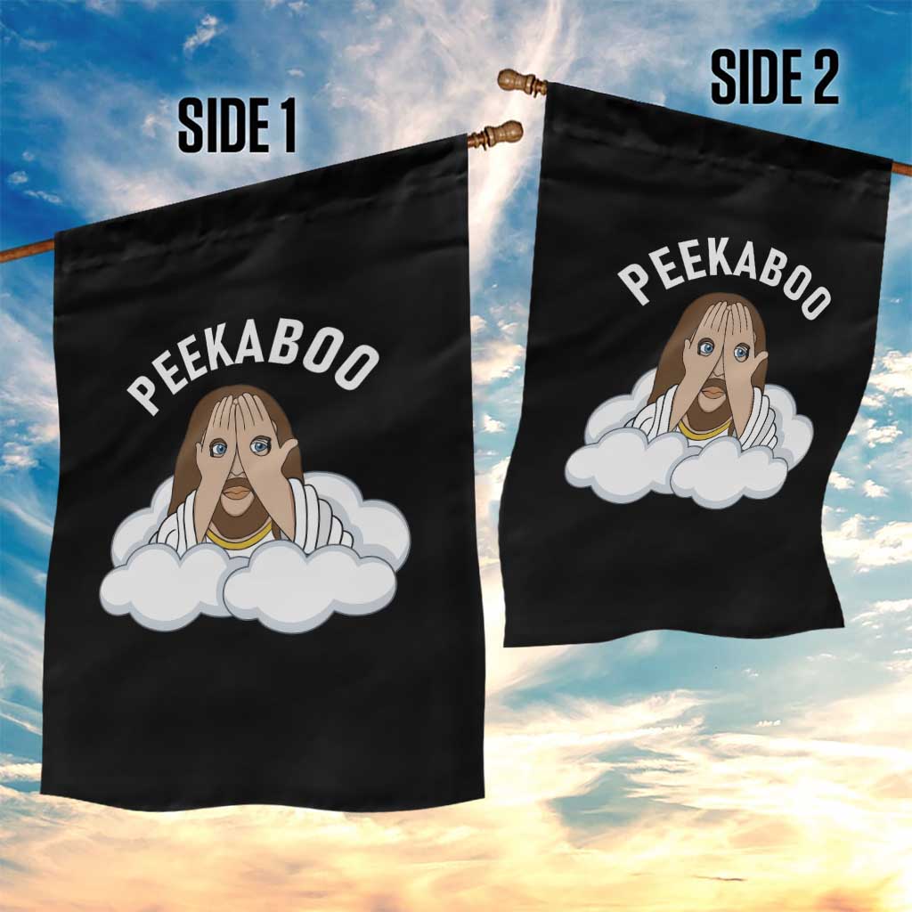 Peekaboo Jesus Funny Christian Garden Flag Faith Humor Savior in Clouds Religious Meme